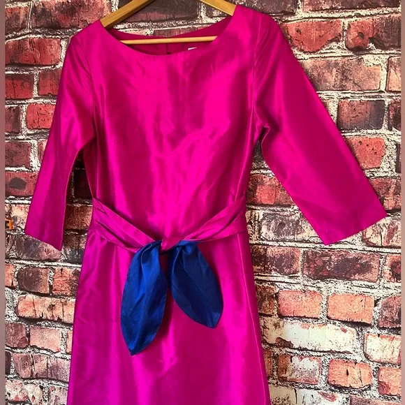 Bright Fuchsia Midi Dress with Navy Tie Waist - Picture 3 of 11